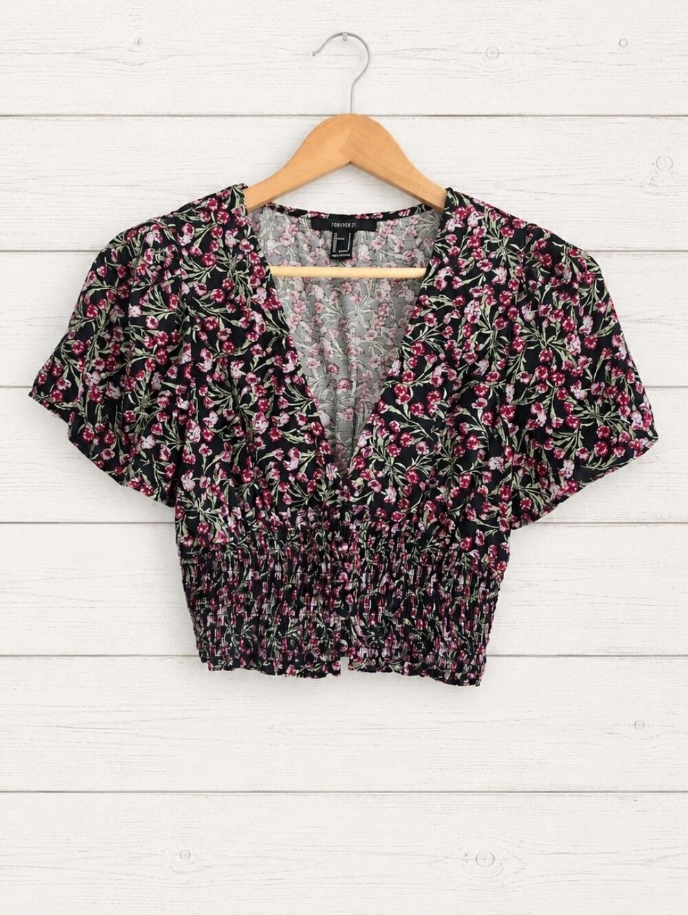 Forever 21 Black Floral V-Neck Smocked Crop Top with Pink Flowers Size S
